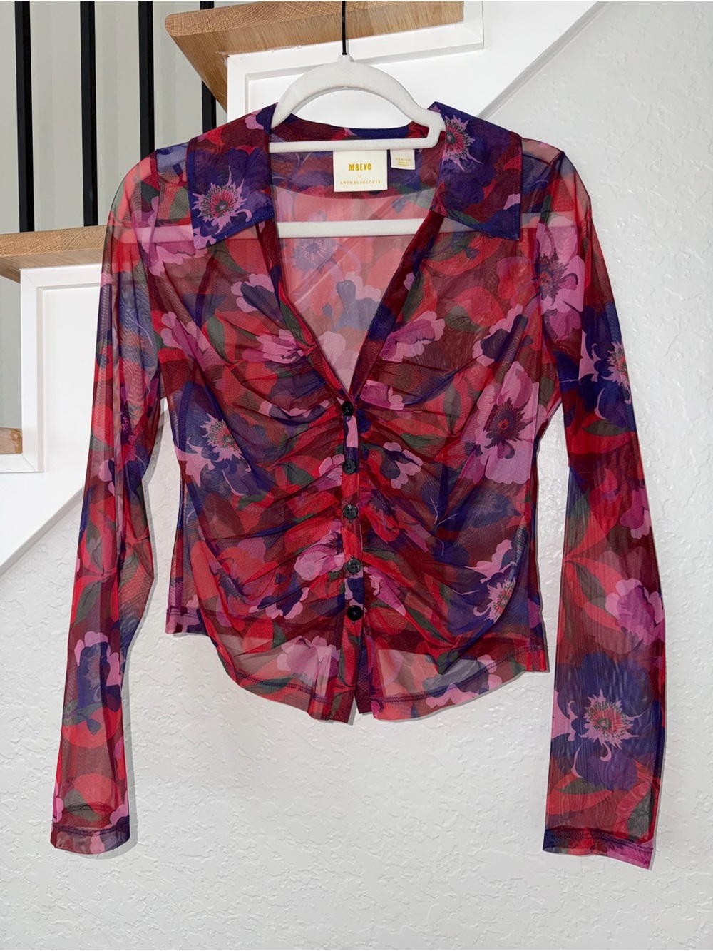 Anthropologie Sheer Floral Ruched Button-Up Top in Pink and Purple